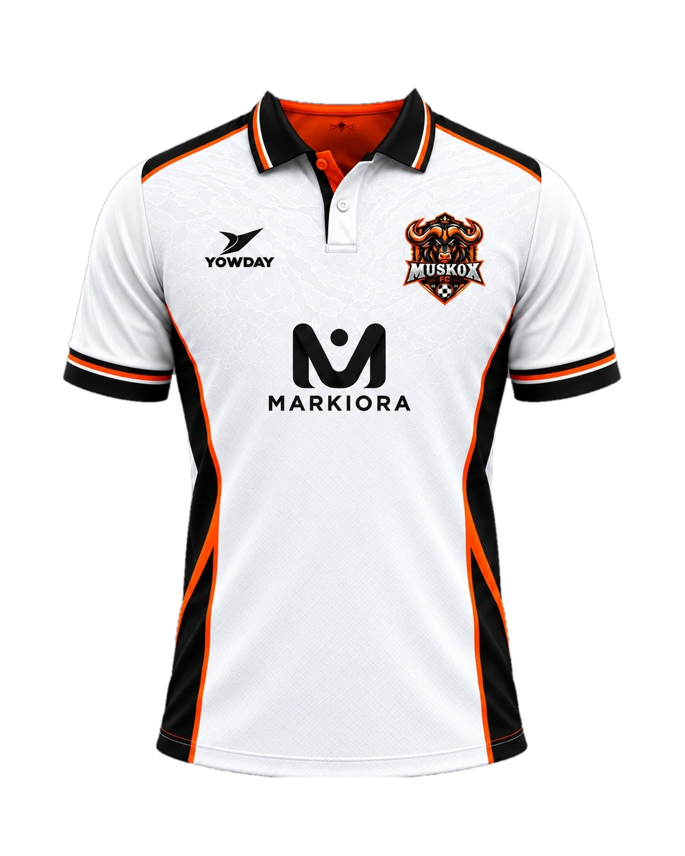 MUSKOX FC official 2026 Third Kit: white polo, black collar, orange accents — front view